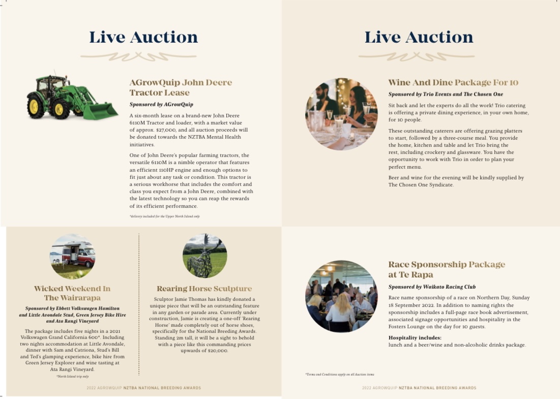 There will be five items up for grabs in the live auction at the National Breeding Awards this weekend.