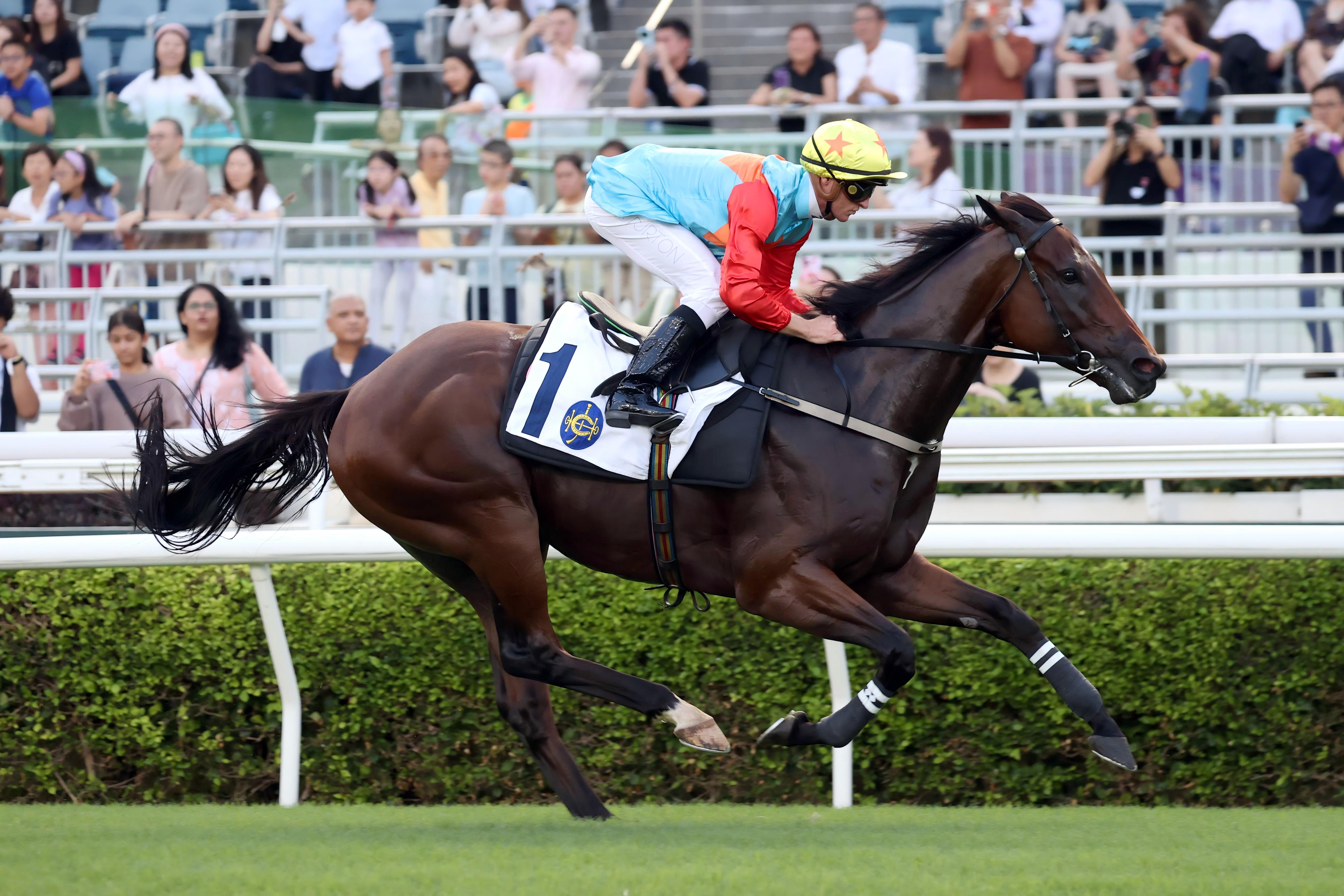 「嘉應高昇」今日參加沙田草地試閘並以首名衝線。